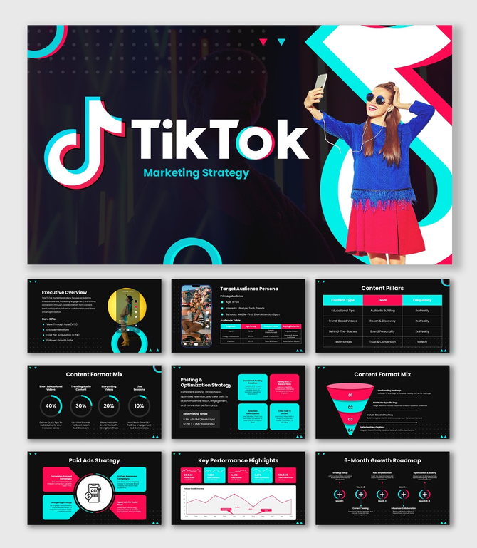 TikTok Marketing Strategy dark theme with neon teal pink shapes, logo, influencer image and KPI growth slides.