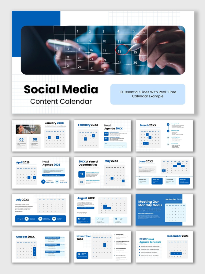 Social Media Content Calendar with blue theme, monthly grids, 12-month layout, date highlights and planners.