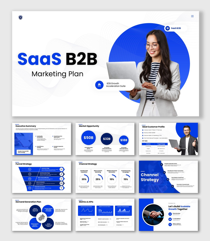 SaaS B2B Marketing Plan Blue Theme With Laptop, Charts, Funnel, KPI Graphs, Tables, Circle Shapes.