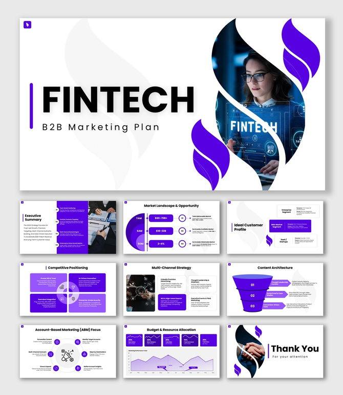 Fintech B2B Marketing Plan Purple Theme With Digital UI, TAM SAM, Funnel, ABM, Budget Charts.