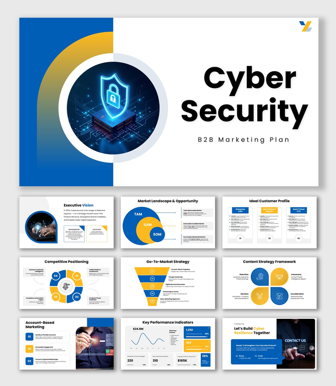 Cybersecurity B2B Marketing Plan Blue Yellow Theme With Shield Icon, TAM SAM Diagram, Funnel, KPI Dashboard.