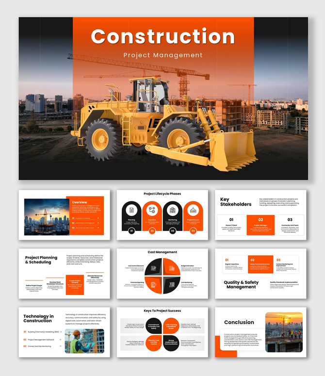 Construction Project Management Orange Black Theme With Loader, Cranes, Lifecycle, Cost Pie, Safety Slides.