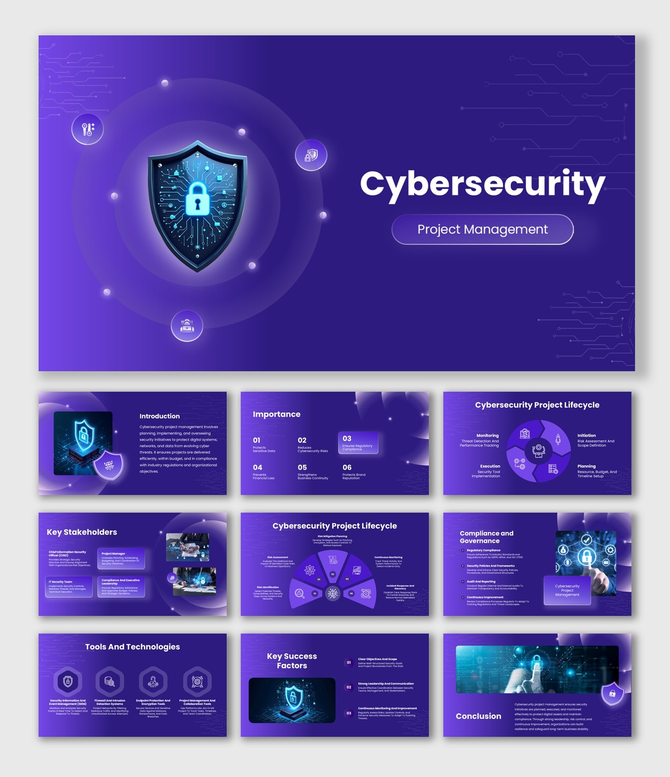 Cybersecurity Project Management Purple Gradient With Shield Lock, Lifecycle Wheel, Stakeholders, Tools Slides.