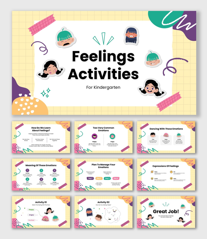 Feelings Activities For Kindergarten Pastel Theme With Emoji Faces, Emotion Chart, Kids Activity Slides.