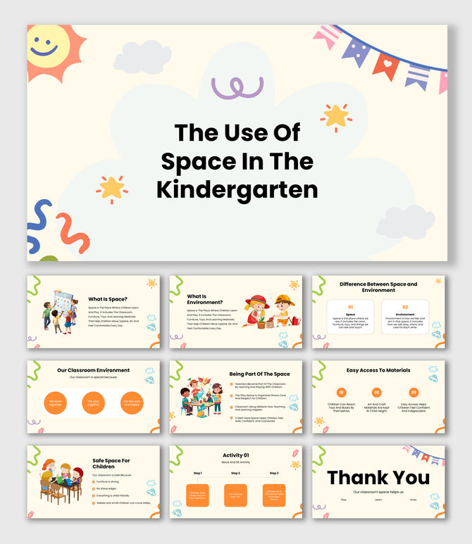 The Use Of Space In The Kindergarten Pastel Classroom Theme With Kids Icons, Learning Zones, Activity Slides.