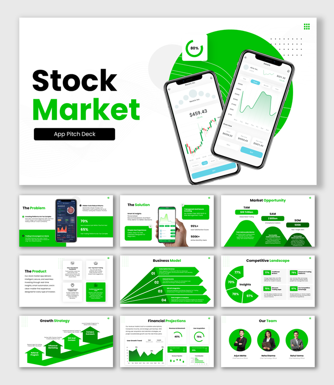 Stock Market App Pitch Deck Green Theme With Trading Phone UI, Charts, TAM SAM, KPI, Team Slides.