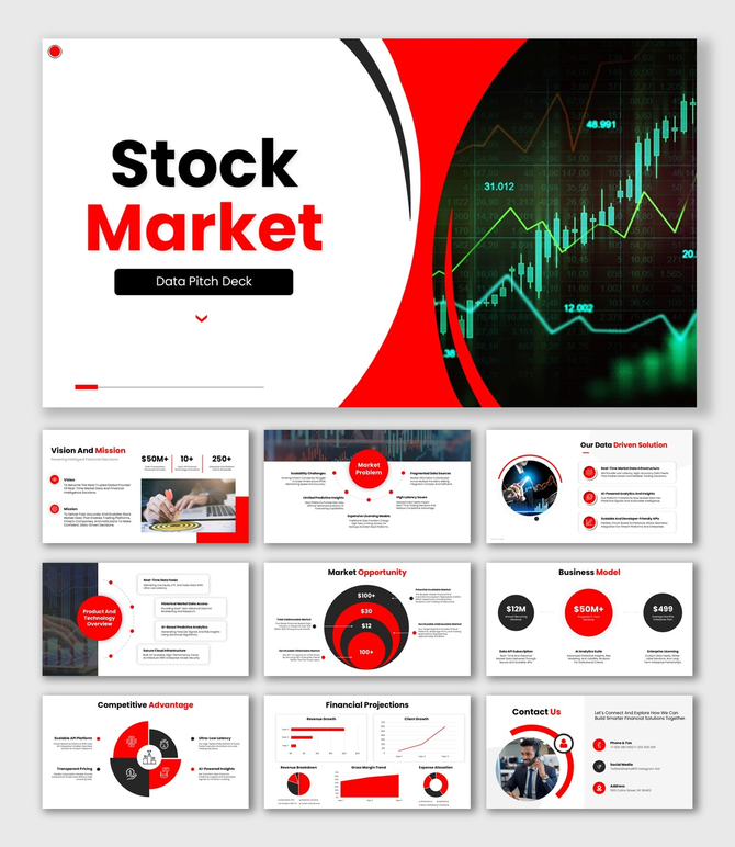 Stock Market Data Pitch Deck Red Black Theme With Charts, Graphs, KPI Boxes And Circular Data Slides.