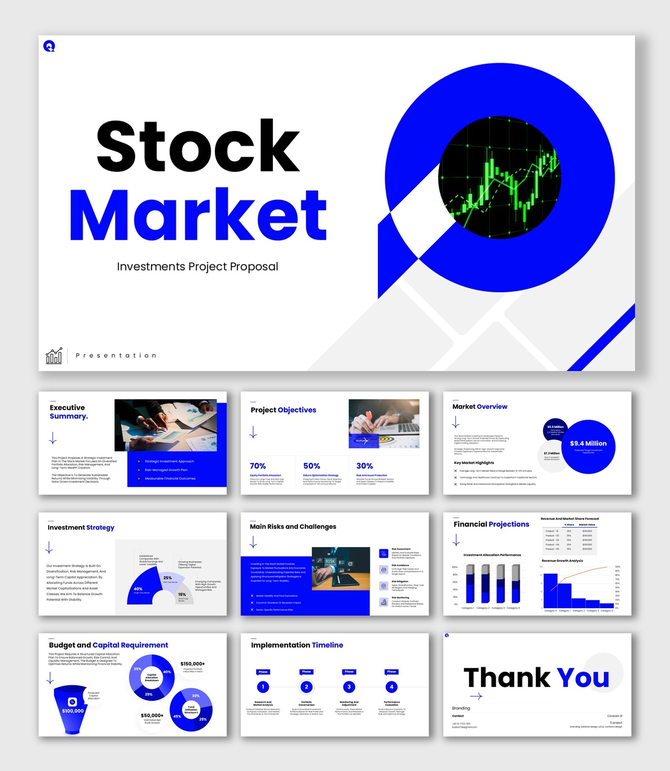Stock Market Investments Project Proposal Blue Theme With Charts, Graphs, KPI Boxes, Budget And Timeline Slides.