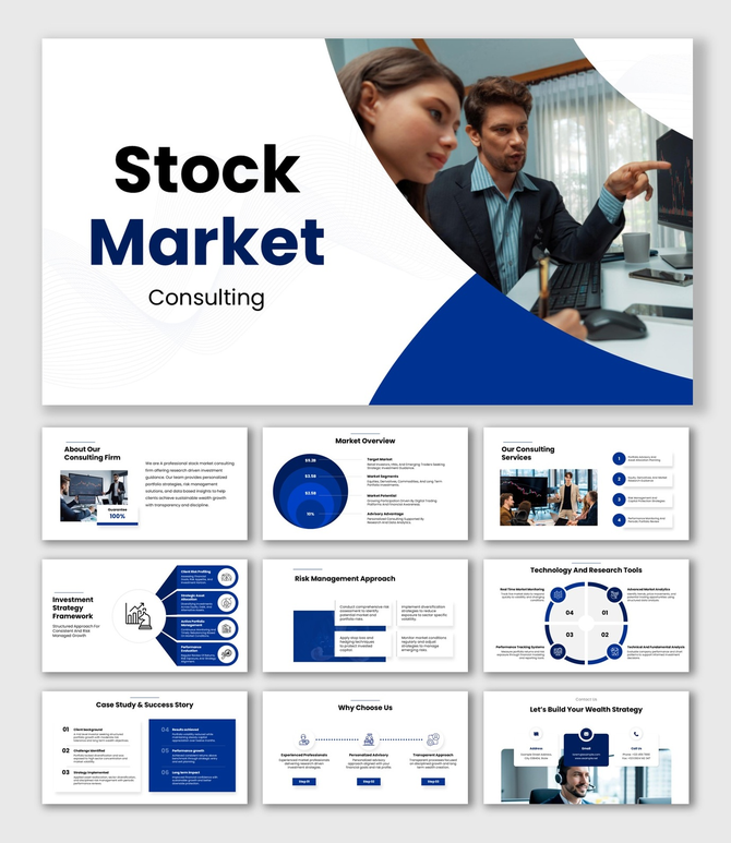 Stock Market Consulting Blue White Theme With Charts, Risk Slides, Service Panels And Circular Infographics
