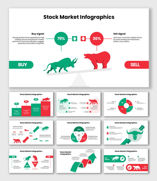 Stock Market Infographics Green Red Theme With Bull Bear Icons, Buy Sell Signals, Pie Charts And Trend Arrows.
