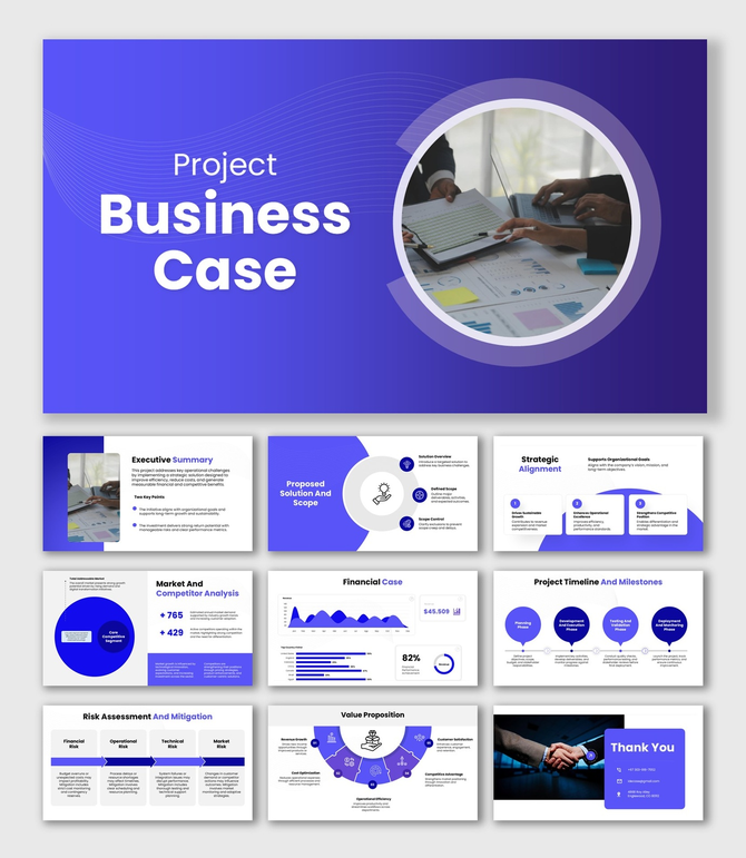 Project Business Case Purple Gradient Theme With Financial Charts, Timeline, Risk Matrix And Strategy Slides.