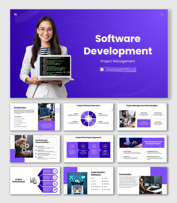 Software Development Project Management Purple Theme With Lifecycle Diagram, Agile Slides, Risk Sections And Tool Lists