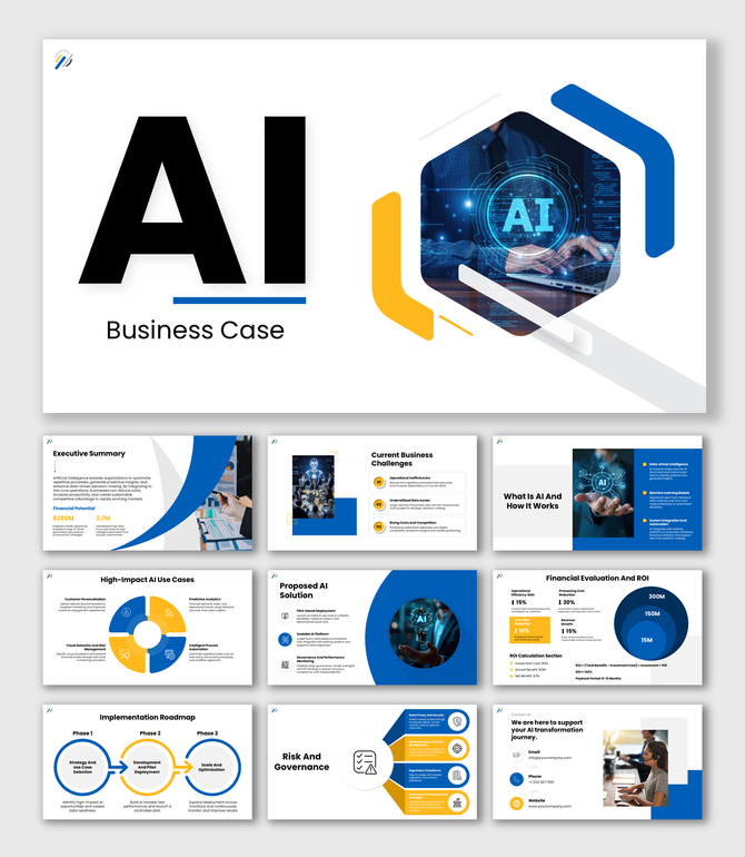 AI Business Case blue and yellow corporate slides with ROI charts, AI icons, roadmap, and data graphs for strategy.