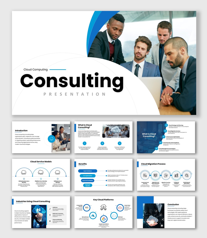 Cloud Computing Consulting presentation with blue theme, team meeting image, cloud icons, diagrams, and structured slides.