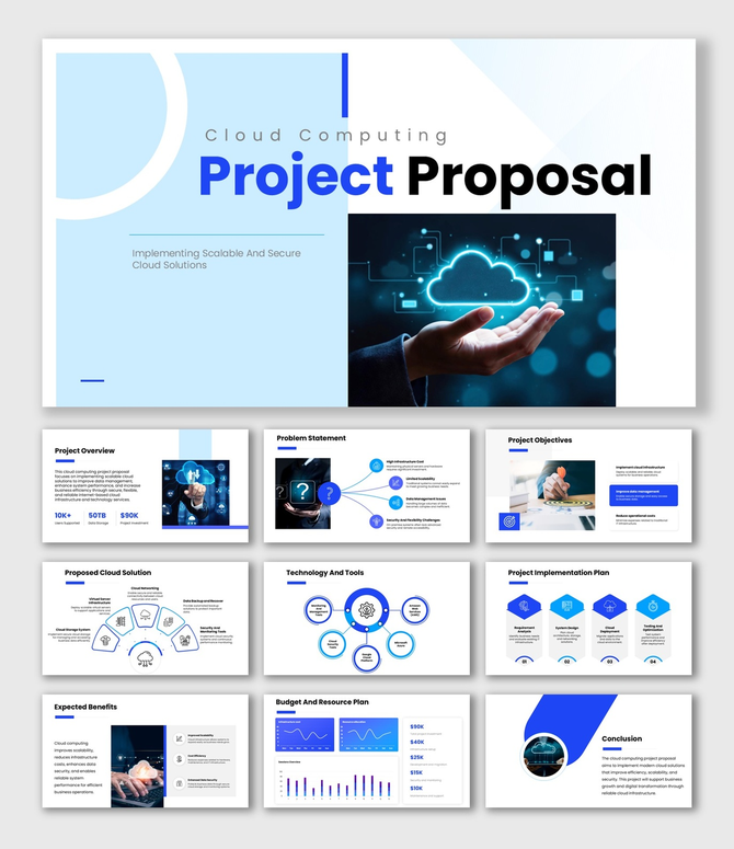 Cloud Computing Project Proposal slides with blue theme, cloud image, charts, icons, diagrams, and structured layouts.
