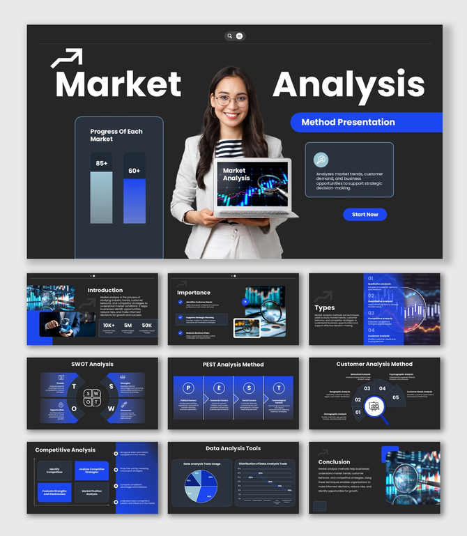 Market Analysis Methods dark slides with charts, woman laptop image, SWOT, PEST, icons, diagrams, clean text layout.