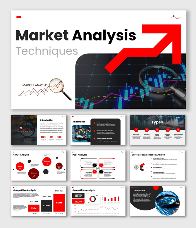 Marketing Analysis Techniques slides with red theme, charts, magnifier visuals, SWOT, PEST, and clear layouts.