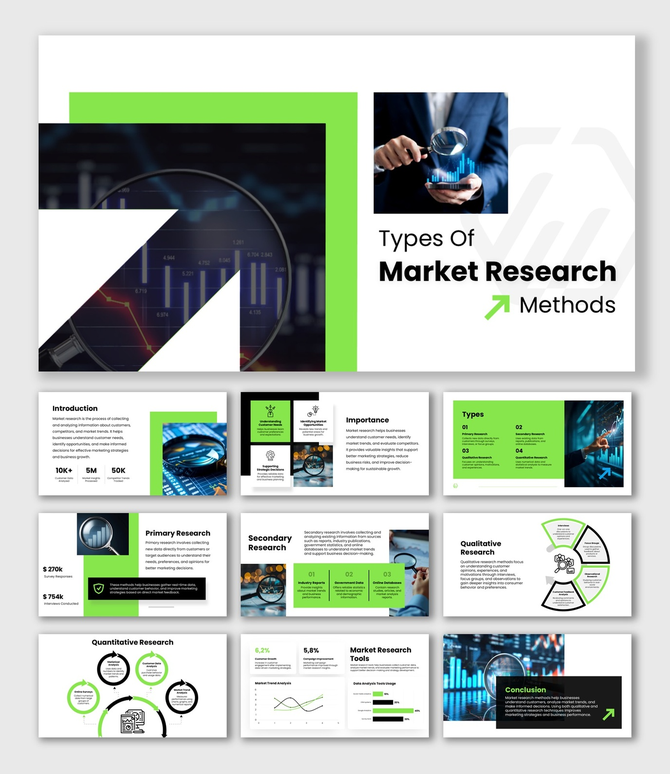 Types Of Market Research Methods slides with green theme, charts, icons, magnifier visuals, and clean text layouts.