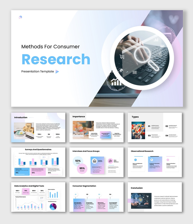Methods For Consumer Research slides with soft blue theme, magnifier on laptop, charts, icons, and clean text layouts.
