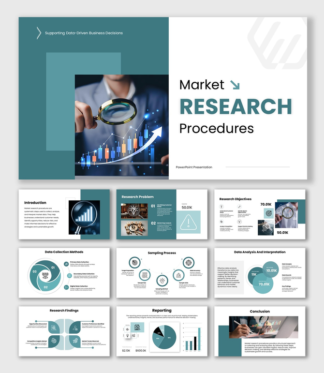 Market Research Procedures slide with teal theme, magnifier, charts, graphs, text holders and structured shapes layout.