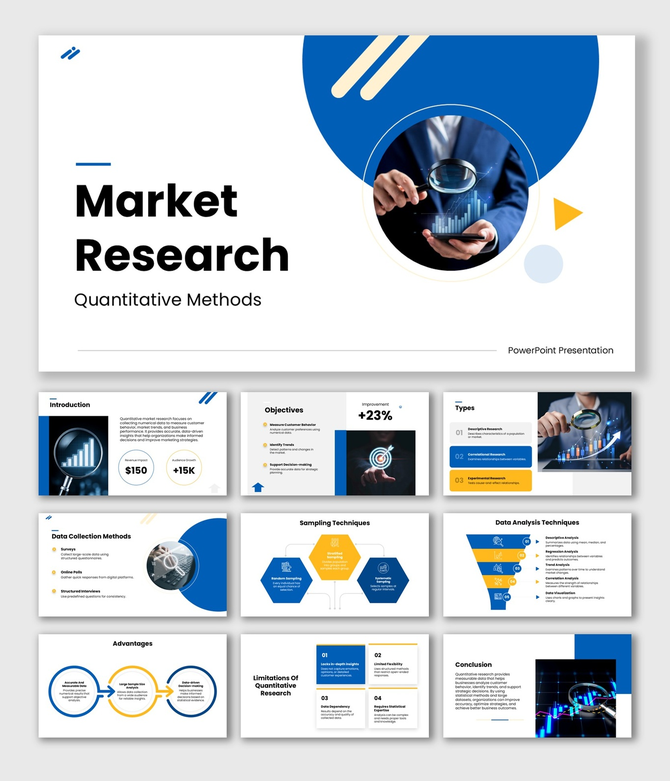 Market Research Quantitative Methods slide with blue theme, charts, magnifier, graphs and text holders layout.