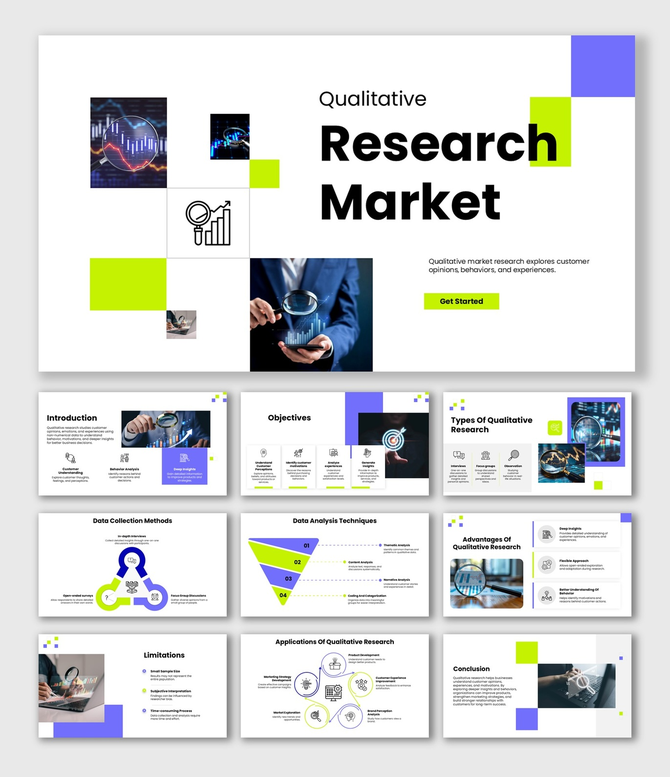 Qualitative Research Market slide with green accents, charts, magnifier, icons, text holders and structured shapes layout.