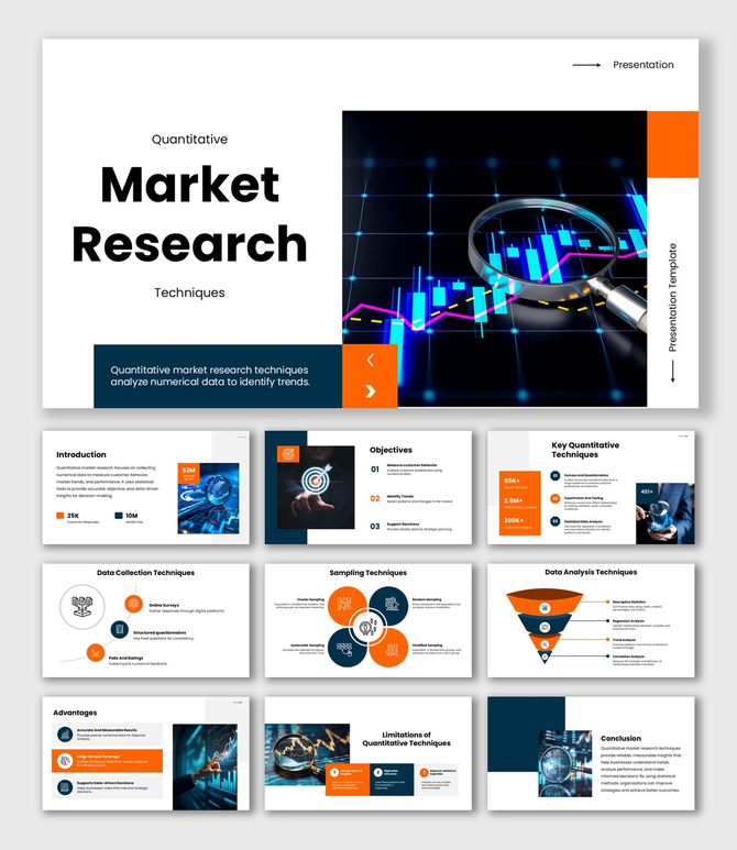 Qualitative Research Market slide with blue orange theme, magnifier, graphs, text holders and structured shapes layout.