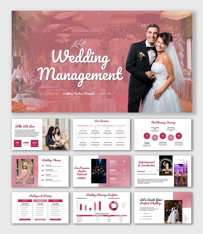 Wedding Management slide with couple image, floral decor, pink shapes, and structured text holders.