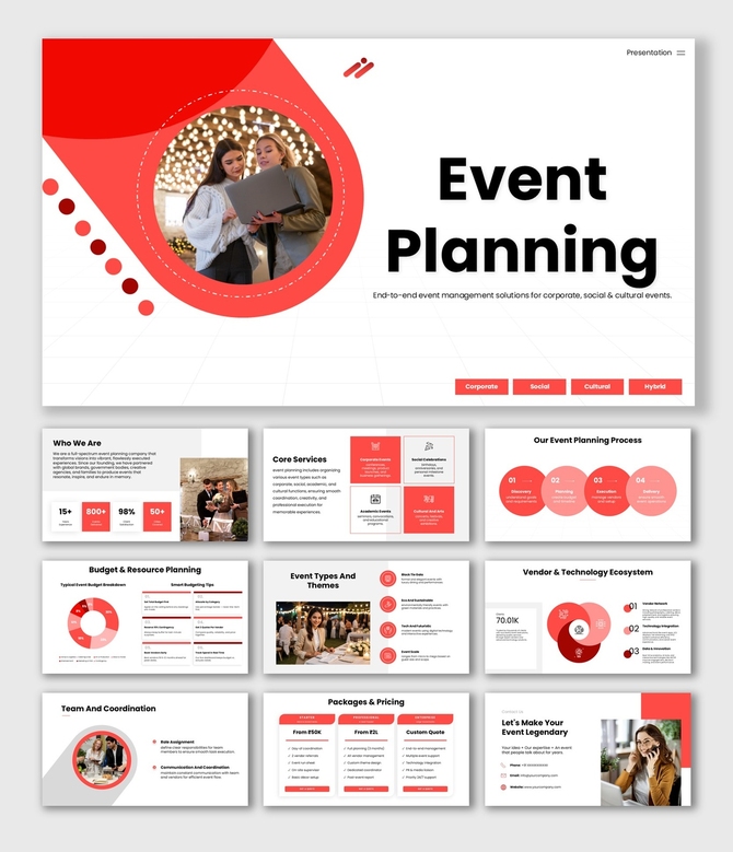 Event Planning slide with circular photo, red shapes, dots, icons, and structured text holders.