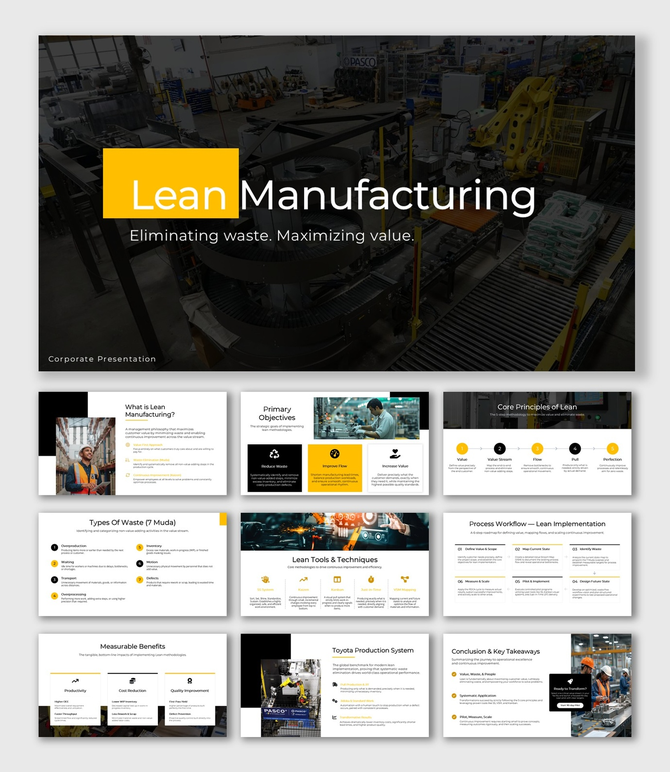 Lean Manufacturing Presentation with lung graphic, tumor highlights, teal red shapes, and structured text sections.