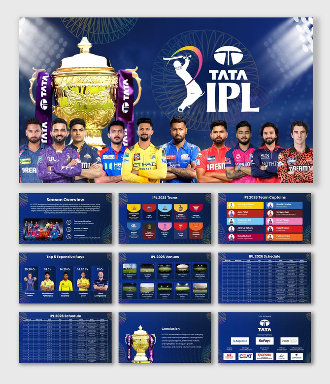 Indian Premier League 2026 slide with trophy, players, blue theme, icons, and structured text holders.
