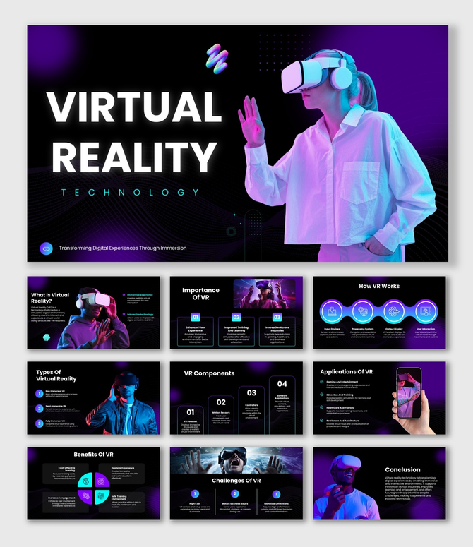 Virtual Reality Technology slide with neon theme, VR headset, shapes, icons and editable text holders.