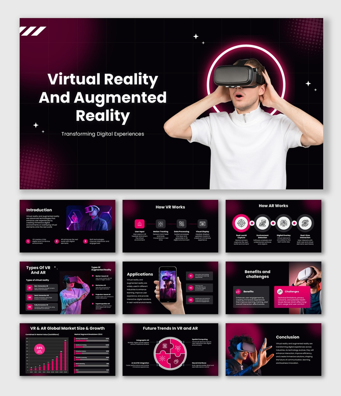 Virtual Reality And Augmented Reality dark theme, VR user, neon shapes, icons, editable text holders.