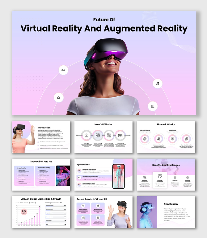 Future Of Virtual Reality And Augmented Reality slide with headset, pastel colors, icons, shapes, text holders.