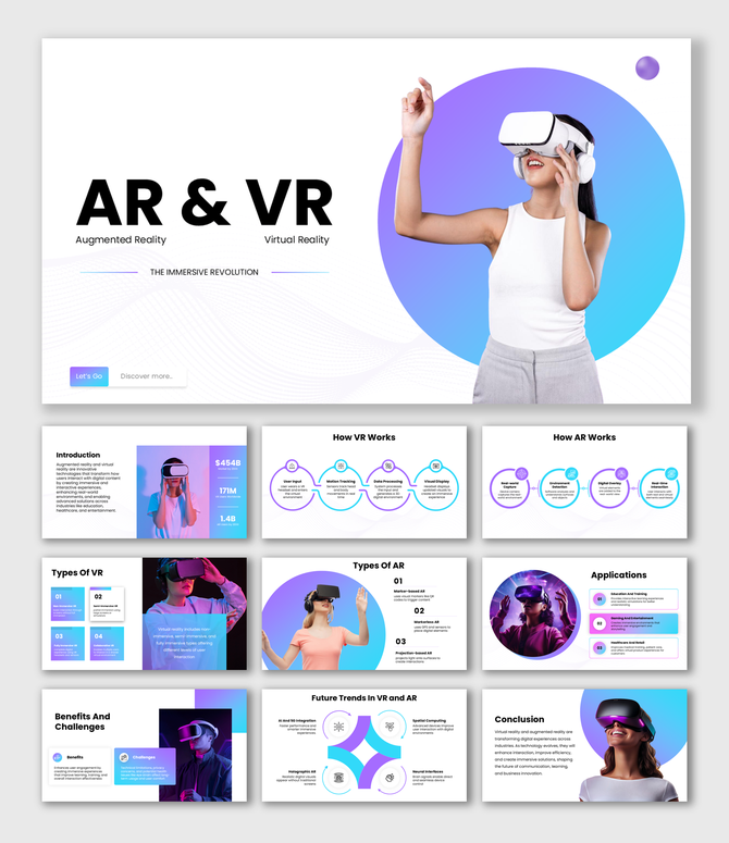 Virtual Reality And Augmented Reality slide with VR user, gradient colors, icons, shapes, text holders.