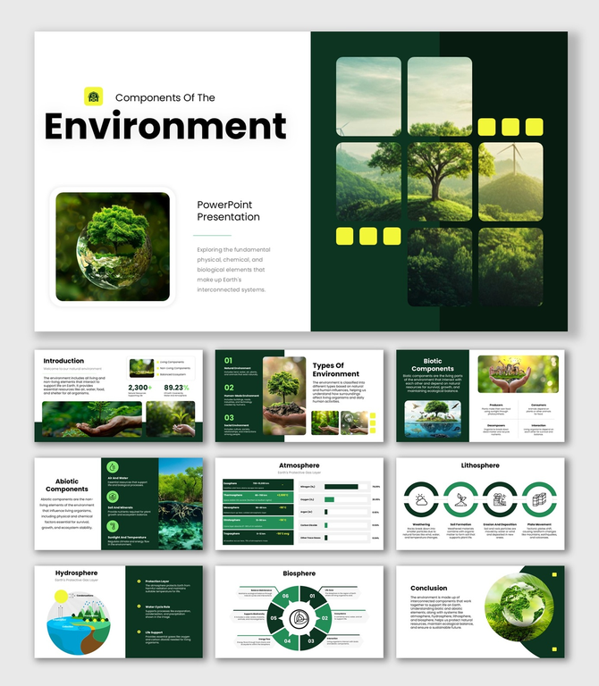 Components Of The Environment slides, green theme, nature images, grid shapes, icons, and clean structured text boxes.