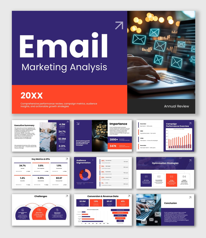 Email Marketing Analysis slides, purple theme, email icons, KPI charts, graphs, shapes, and clean structured text boxes.