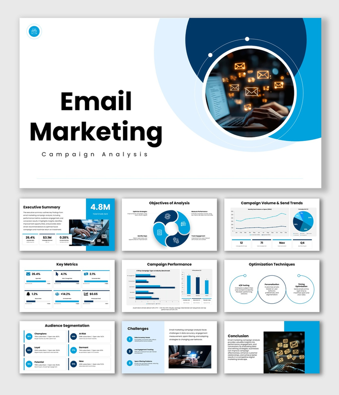 Email Marketing Campaign Analysis slides, blue theme, email icons, KPI charts, graphs, shapes, clean structured text boxes.