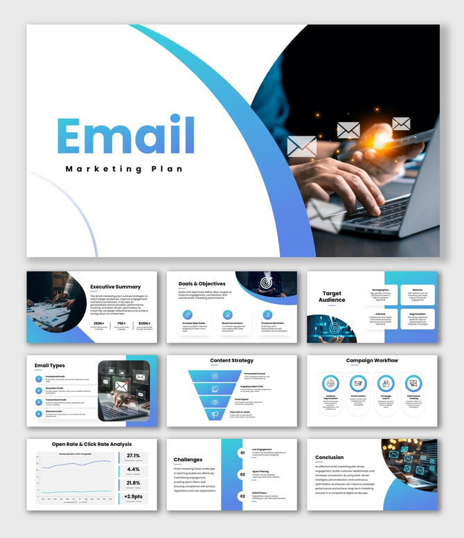 Email Marketing Plan slides, blue theme, email icons, KPI charts, graphs, shapes, clean structured text boxes.