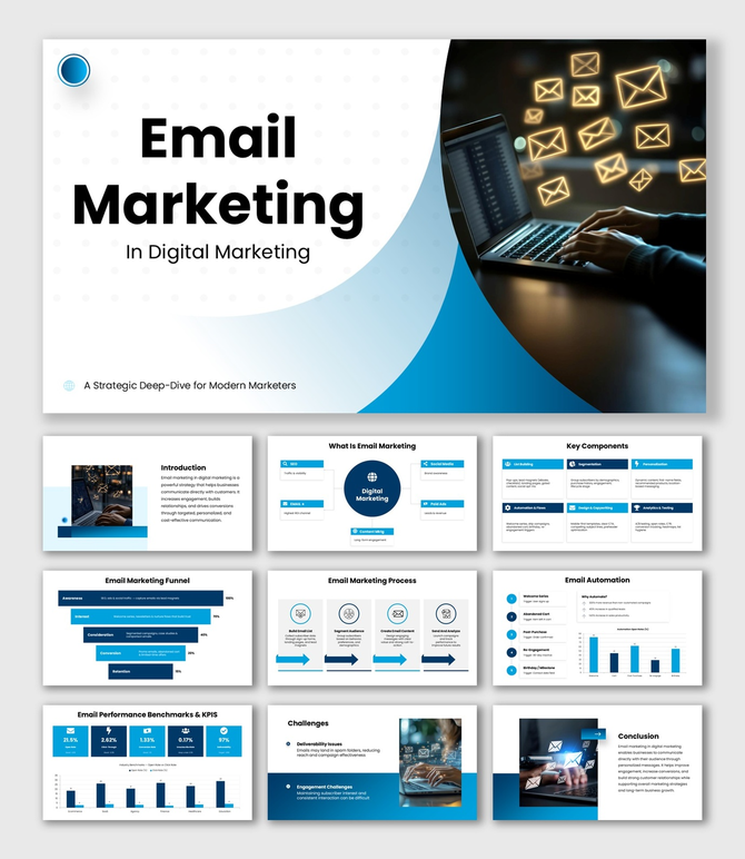 Email Marketing In Digital Marketing slides, blue theme, funnel, charts, icons, shapes, structured text boxes.