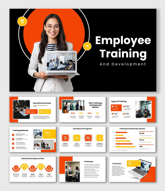 Employee Training And Development slides, black orange theme, training visuals, charts, icons, shapes, text boxes.