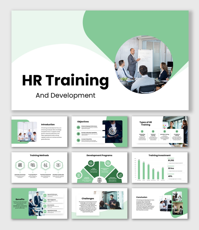 HR Training And Development slides, green theme, team visuals, charts, icons, shapes, structured text boxes.