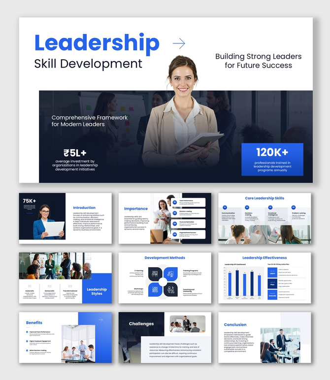 Leadership Skill Development slides, blue theme, team visuals, charts, icons, shapes, structured text boxes.