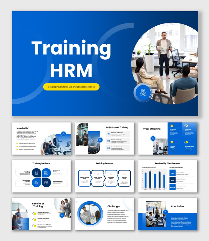 Training HRM slides, blue theme, team training visuals, charts, icons, shapes, structured text boxes.