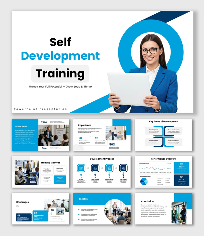 Self Development Training slides, blue theme, coaching visuals, charts, icons, shapes, structured text boxes.