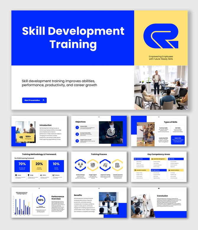 Skill Development Training slides, blue yellow theme, training visuals, charts, icons, shapes, structured text boxes.