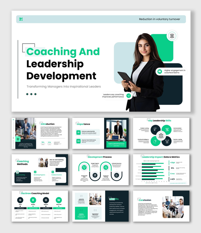 Coaching And Leadership Development slides, green theme, leader visuals, charts, icons, shapes, structured text boxes.