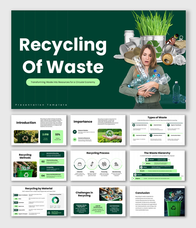 Eco Friendly Recycling slides, Recycling Of Waste theme, green bins, charts, icons, shapes, text boxes.