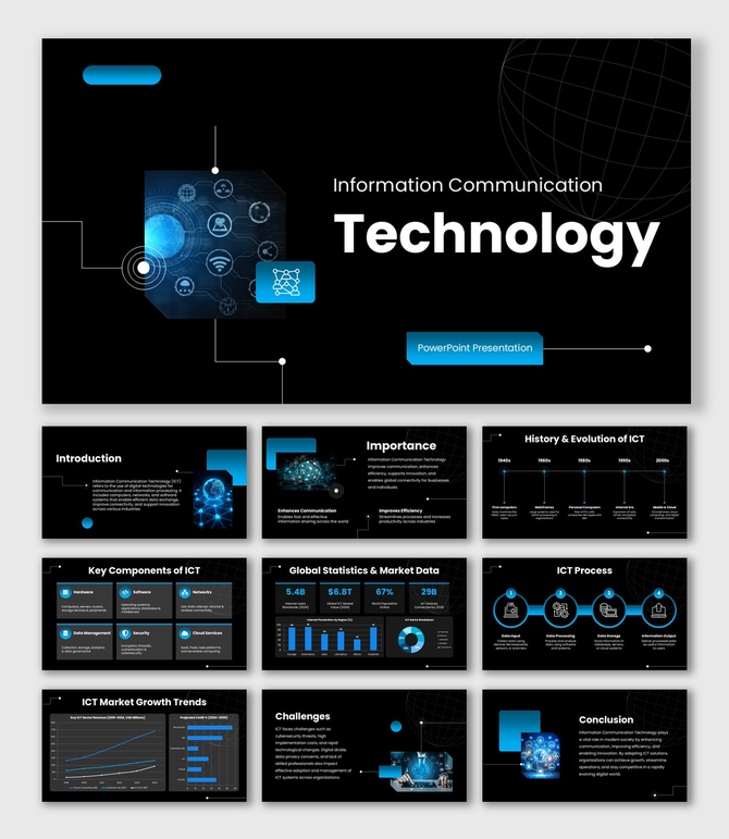Information Communication Technology slides, black blue theme, ICT charts, icons, text boxes.