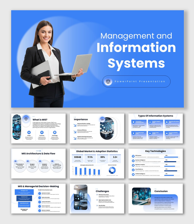Management And Information Systems slides, blue theme, MIS charts, icons, text layouts.